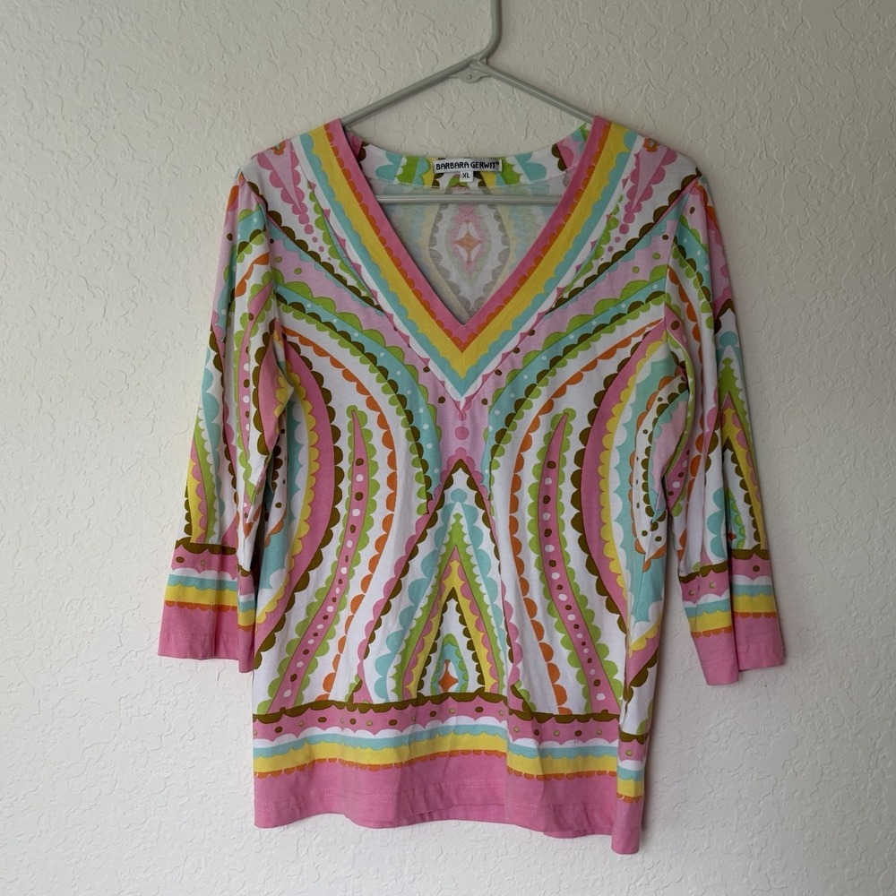 Barbara‎ Gerwit V Neck Top Shirt XL Cotton Cruise Resort Spring Office Colorful